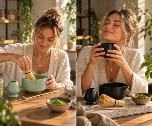 Tweeluik van matcha bereiden in een groene kom en drinken uit een zwarte kom